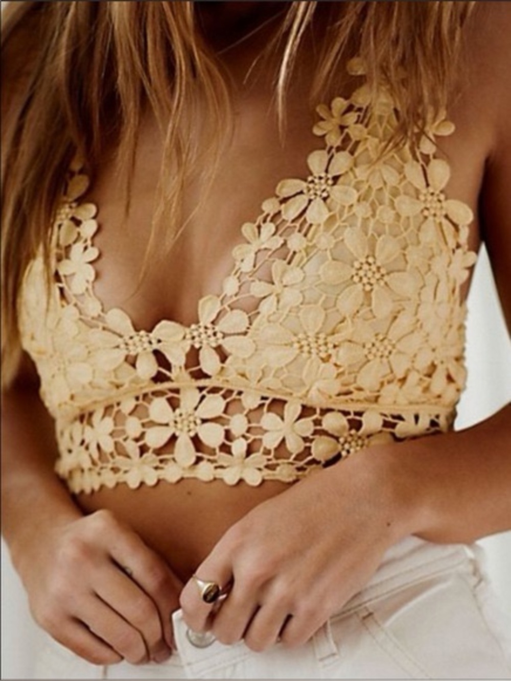Free People Miss Dazie Floral Crochet Lace Bralette in Pale Yellow